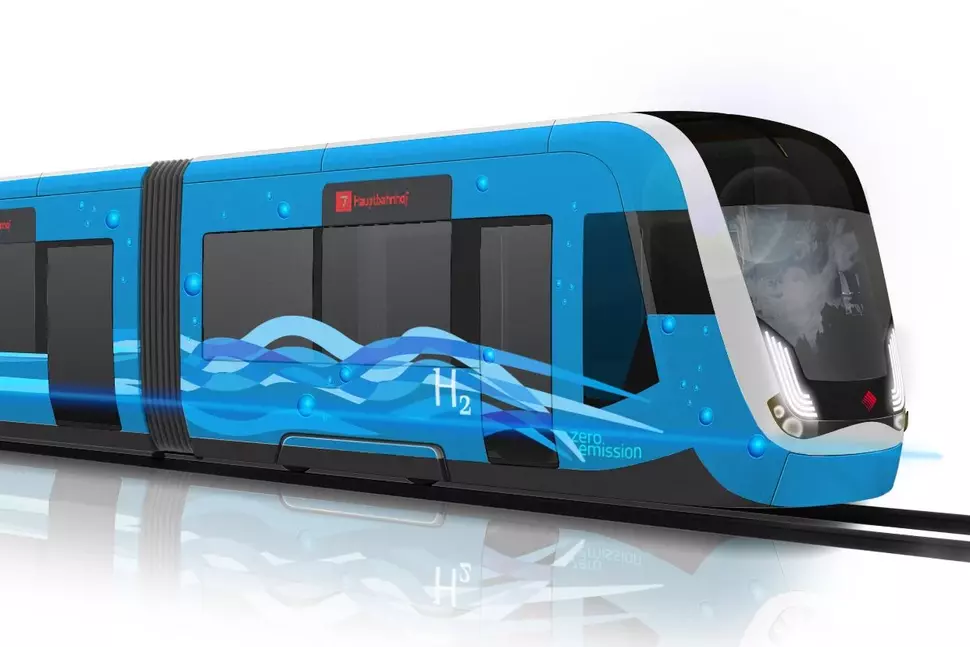 Design-Konzept für eine mit Wasserstoff-Brennstoffzellen betriebene niederflurige Straßenbahn. (Quelle: HÖRMANN Vehicle Engineering GmbH, Chemnitz)